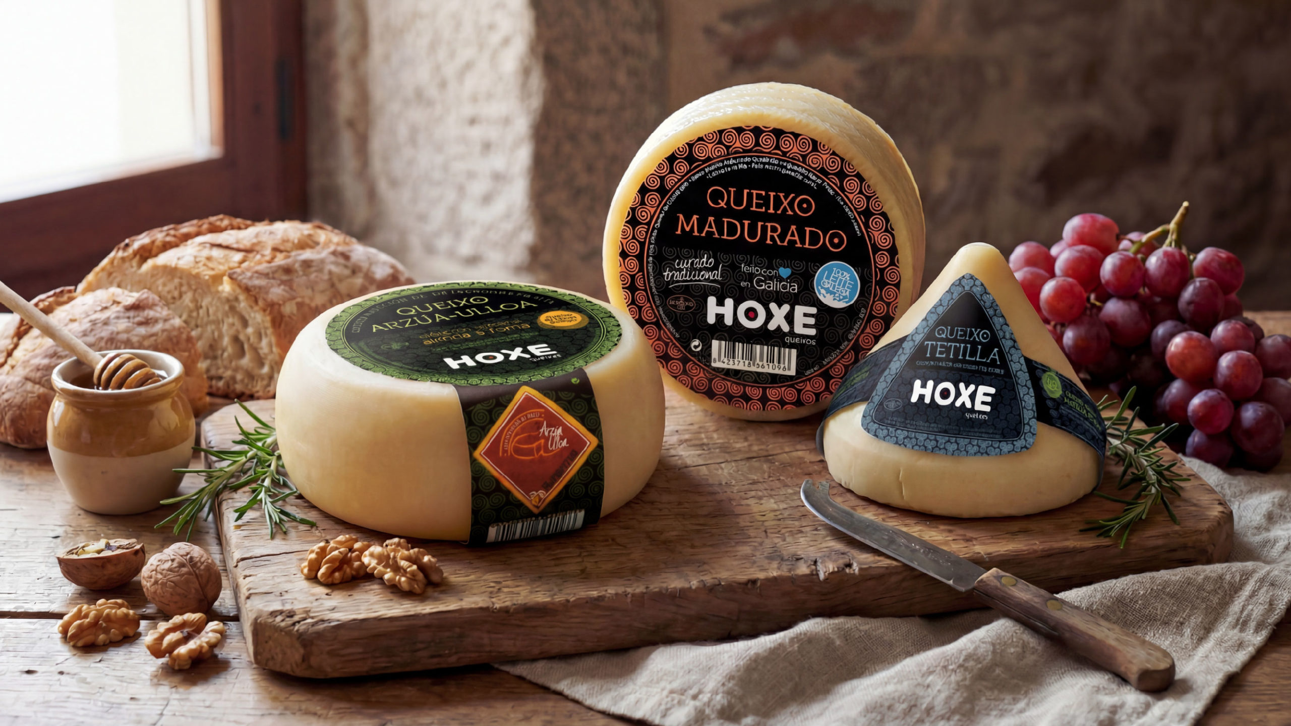 Tabla de quesos gallegos Hoxe con tres variedades, packaging y branding por Koolbrand